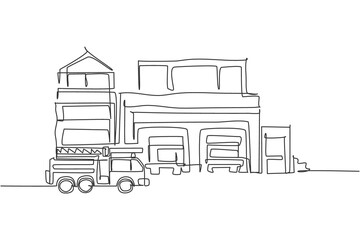 Poster - Single continuous line drawing of fire station building construction. Firefighter base camp isolated minimalism concept. Dynamic one line draw graphic design vector illustration on white background