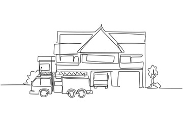 Poster - continuous one line drawing of fire station construction building with fire engine. basecamp for fir