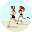 Running girls. Girls doing outdoor run with sport outwear and sneakers. Healthy lifestyle. Fitness.