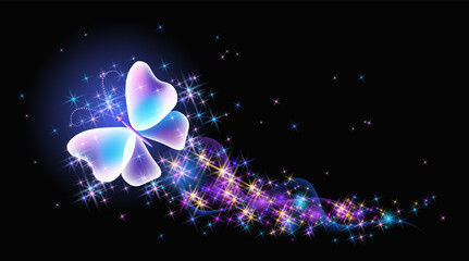 Wall Mural - Magic butterfly with fantasy sparkle, blazing trail and glowing stars on black background