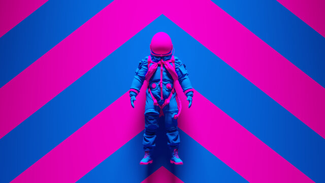 Blue Pink Spaceman Astronaut Cosmonaut with Pink an Blue Chevron Background 3d illustration render