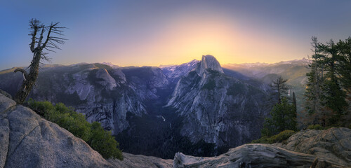 Sticker - half dome and waterfalls from glacier point in yosemite national park at sunset