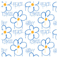 Seamless Pattern Of Graffiti Flowers And And The Words Happy, Peace, Smile. Image For A Poster Or Cover. Vector Illustration. Repeating Texture. Figure For Textiles.