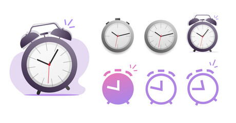 Poster - Alarm clock, stopwatch and watch vector icons set in line outline stroke and flat cartoon style design isolated on white background, ringing reminder pictogram collection clipart