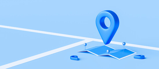 Wall Mural - Locator mark of map and location pin or navigation icon sign on blue background with search concept. 3D rendering.