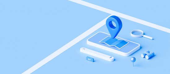 Fototapete - Isometric of map and location pin or navigation icon sign on blue background with search concept. 3D rendering.