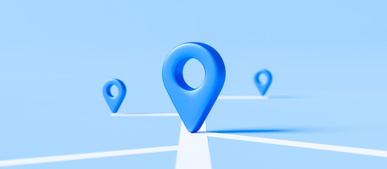 Fototapete - Locator mark of map and location pin or navigation icon sign on blue background with search concept. 3D rendering.