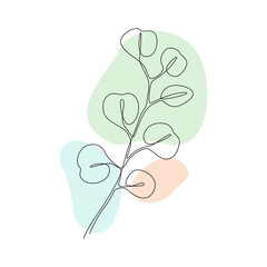 Poster - Botanical wall art vector with Eucalyptus branch. Continuous one line drawing with abstract pastel shape. Minimalistic and natural wall art. Vector illustration.