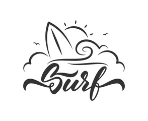 Wall Mural - hand drawn line emblem with lettering of surfing with waves, surfboard and sun.