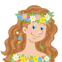 Canvas Print - Portrait of a beautiful young girl with long hair in a floral wreath. In  cartoon style. Isolated on white background. Vector flat illustration