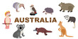 Hand drawn set of Australian animals and Australia sign with traditional aboriginal symbols. Cartoon style vector isolated clipart on white background.