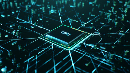 Poster - technological background with cpu and circuit board. flying cpu and installation in center circuit b