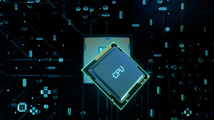 Poster - technological background with cpu and circuit board. flying cpu and installation in center circuit b