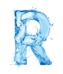 latin letter r made of water splashes, isolated on a white background