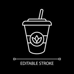 Poster - Iced tea white linear icon for dark theme. Summer refreshment. Drink in cup with straw. Thin line customizable illustration. Isolated vector contour symbol for night mode. Editable stroke