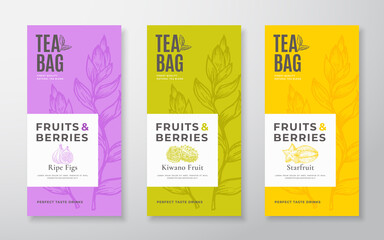 Wall Mural - Exotic Fruits Tea Labels Set. Vector Packaging Design Layouts Bundle. Modern Typography, Hand Drawn Tea Leaves, Figs, Kiwano and Starfruit Silhouettes Background. Beverage Banners. Isolated