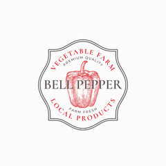 Wall Mural - bell pepper frame badge or logo template. hand drawn red vegetable sketch with retro typography and 