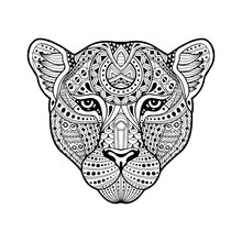 African Leopard In Vintage Style. Head Cat, Leopard, Tiger, Lion, Panther, Cheetah. Drawn By Hand. Multicolor. Abstract Wild Animal. Cartoon Style. Africa's Big Five. Boho, Doodle, Zentangle. Vector