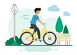 Ilustración vectorial de chico dando un paseo en bicicleta por un parque con árboles, un banco y una farola