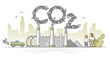 CO2 emissions as carbon dioxide pollution from exhaust gases outline concept