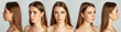 Set of portraits collage. Close-up portrait of a sexy beautiful slim woman standing on grey background. Different angle view of a face.