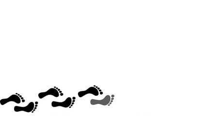 Wall Mural - Bare feet prints steps appearing on white background. Cartoon animation. Copy space. Alpha channel.