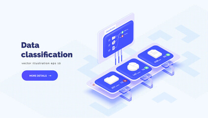 Fototapete - System of electronic classification of corporate data. Monitor with data about system files. Classification of files, folders, reports, graphs. Vector illustration isometric style, 3D