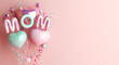 Happy mothers day decoration background with balloon, mom text, copy space text, 3D rendering illustration