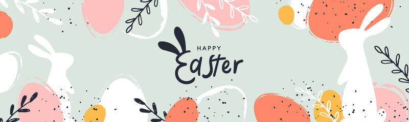 Aufkleber - Happy Easter banner. Trendy Easter design with typography, hand painted strokes and dots, eggs and bunny in pastel colors. Modern minimal style. Horizontal poster, greeting card, header for website