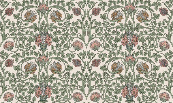 floral vintage seamless pattern for retro wallpapers. enchanted vintage flowers. arts and crafts mov