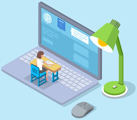 Poster - Online education, training or e-learning concept. Website for education and business courses. Young woman sitting at desk with notebook on big laptop, distance learning services using internet