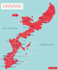 Poster - Okinawa detailed editable map with cities and towns, geographic sites. Vector EPS-10 file