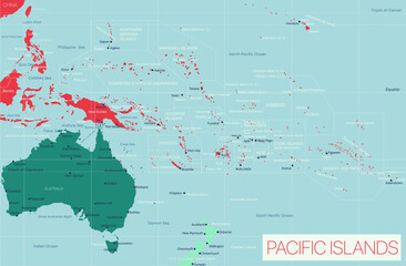 Sticker - Pacific Island detailed editable map with cities and towns, geographic sites. Vector EPS-10 file