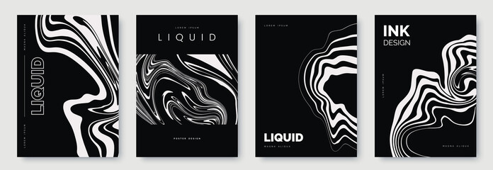 black and white abstract poster design with liquid lines. white curves and wavy lines on dark black 