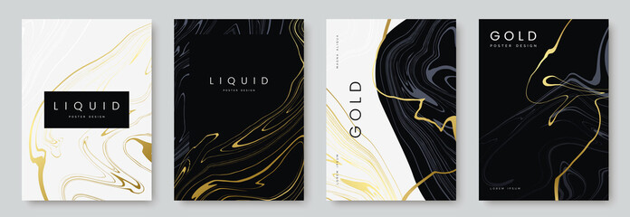 luxury poster design. collection of liquid gold marble texture on black and white background. set of