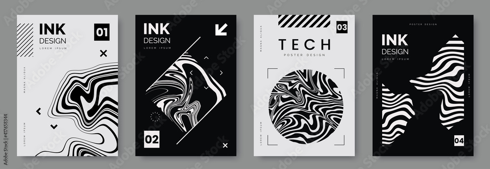 Black and white poster design with liquid and curve lines, abstract geometric shapes and place for text. Futuristic cover set. A4 size. Ideal for banner, flyer, invitation, business card. - obrazy, fototapety, plakaty 