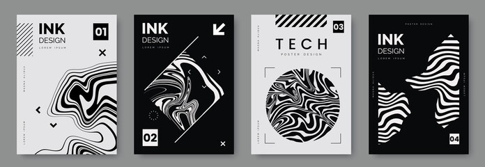 black and white poster design with liquid and curve lines, abstract geometric shapes and place for t
