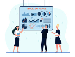 Fototapete - Financial brokers analyzing stock exchange graphs. Investors studying trading analytics. Flat vector illustration. Finance, investment, analysis concept for banner, website design or landing web page