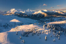 Aerial View Of Winter Landscape With Snow Covered Forest In The Mountains With Beautiful Sunset Light.