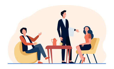 Poster - people meeting in coffee shop. waiter serving customers sitting at table in cafe. flat vector illust