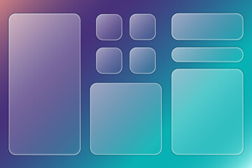 Set of transparent plates with place for text in trendy style glassmorphism or frosted glass on abstract multicolor background. For sites, applications, wallpapers. Vector illustration