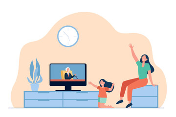 People celebrating accomplished election campaign. Folk welcoming new president at TV. Flat vector illustration. National holiday, patriots concept for banner, website design or landing web page