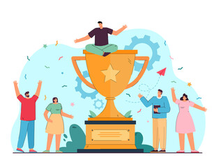 Wall Mural - tiny corporative winners celebrating victory flat vector illustration. cartoon happy champion team n