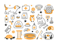 Hand Drawn Set For Pet Shop And Veterinary Clinic. Pets, Food, Toys, And Grooming Accessories. Vector Illustration In Doodle Style On White Background