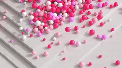 Poster - 3d render of balls falling down from steps. A lot of colored spheres dynamically interact.