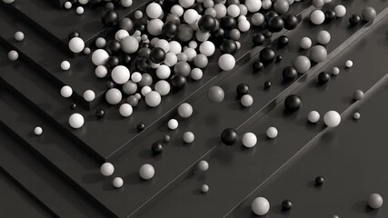 Poster - 3d render of balls falling down from steps. A lot of spheres dynamically interact. Monochrome coloring.