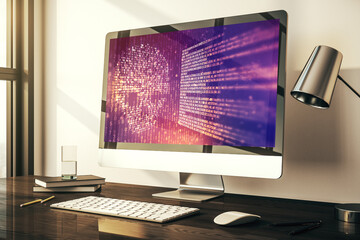 Poster - Creative code skull hologram on modern computer monitor, cybercrime and hacking concept. 3D Rendering