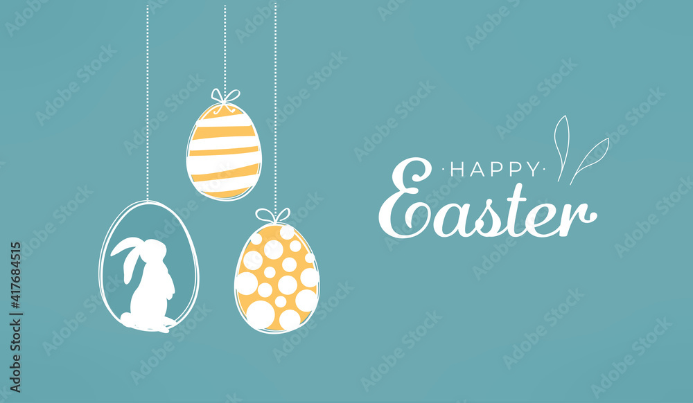 Happy Easter card with easter eggs garland and rabbit. Simple vector ...