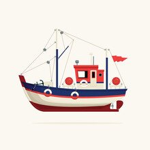 Color Image Of A Fishing Vessel, Trawler Or Ship Tug On A Light Background. Decorative Vector Illustration Of A Fishing Boat Side View. Sea Or River Transport For Catching Fish In A Cartoon Style