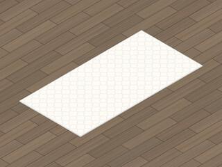 Isometric beige carpet with abstract arabic gray pattern. Vector isometric illustration. 3D flat style vector illustration. Carpet on wooden floor background